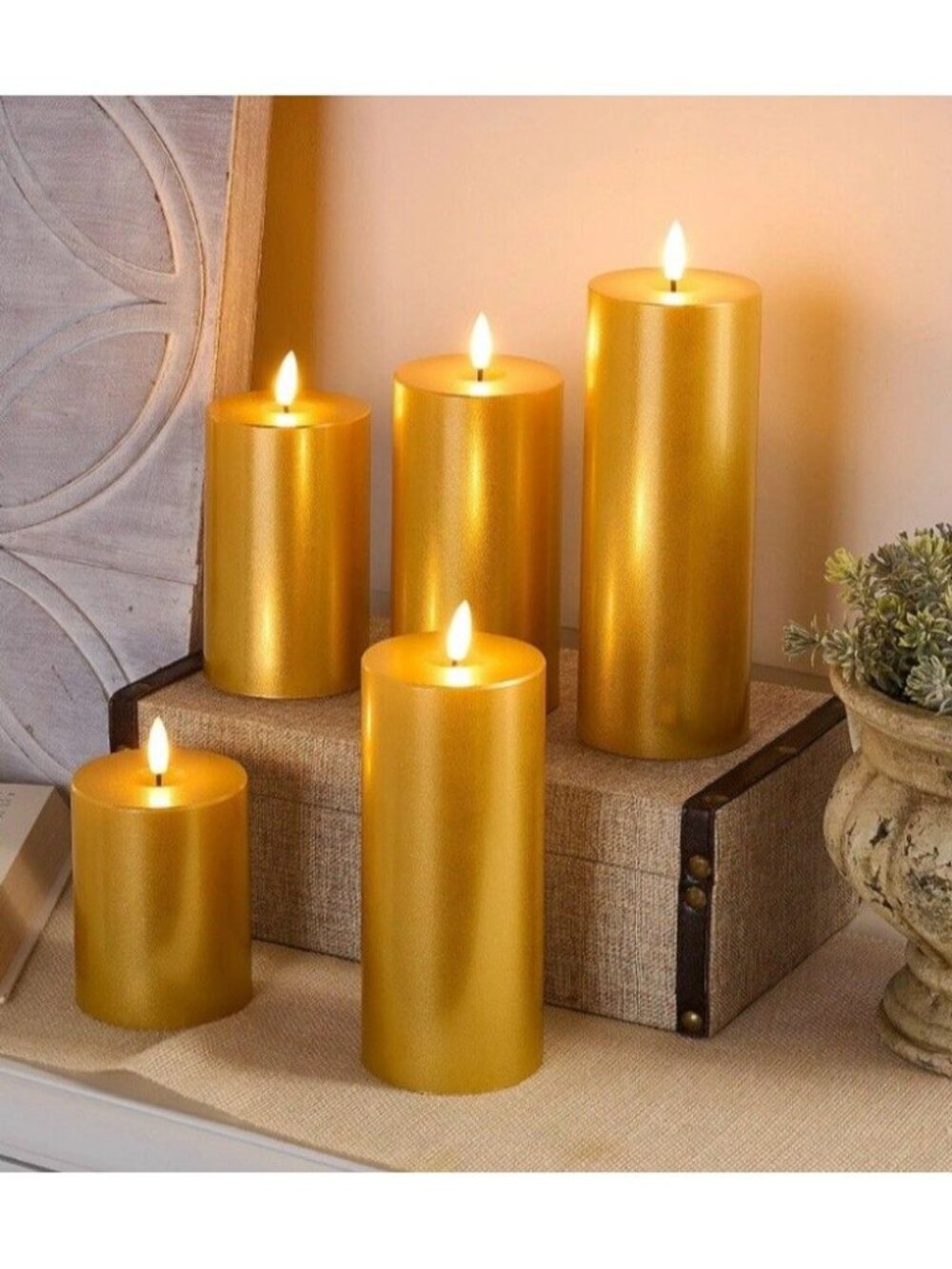 NWT Home Reflections 5-pc METALLIC GOLD Flameless Pillar Candles with Gift Box
